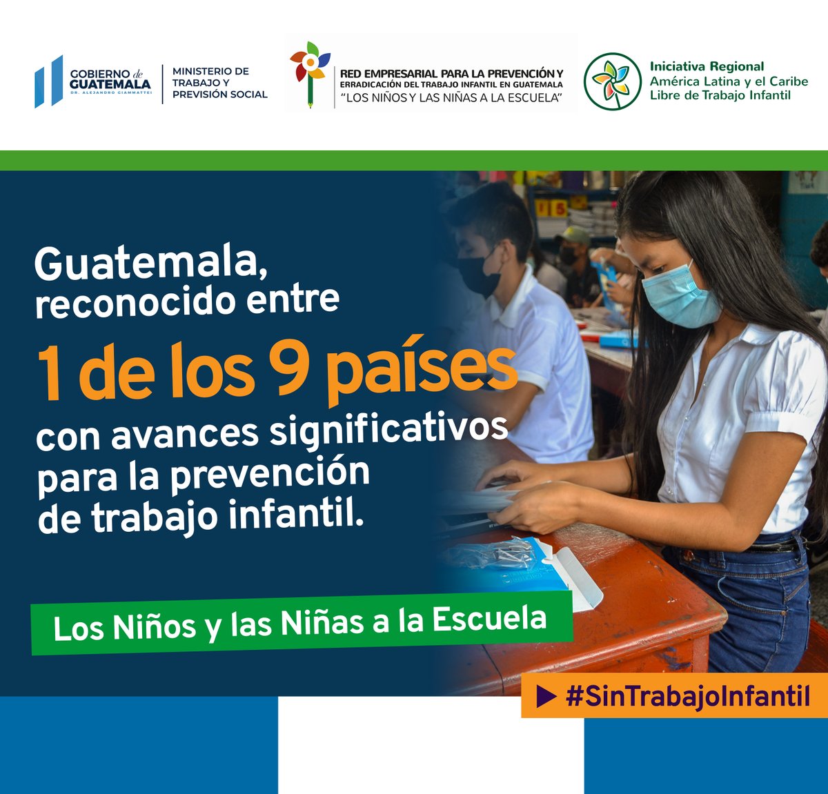 Del estudio de <a href="/USDOL/">U.S. Department of Labor</a> de 131 países, 🇬🇹 1 de 9 países con avances significativos en la prevención de trabajo infantil, resultado del compromiso y los esfuerzos compartidos. 

Conoce nuestra estrategia de prevención de trabajo infantil bit.ly/3ChA5gJ 

#SinTrabajoInfantil