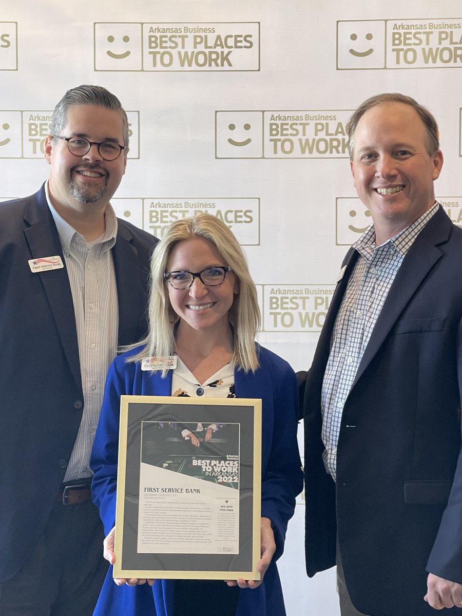 FirstServiceBnk's tweet photo. First Service Bank team members, Jon Patrom, VP of Marketing, Andy Grumbles, CFO, and Robin Hackett, COO recently attended the 2022 Best Place to Work awards reception by Arkansas Business. Thank you to our team you make us #firstservicestrong. https://t.co/u0n9v8mhTT