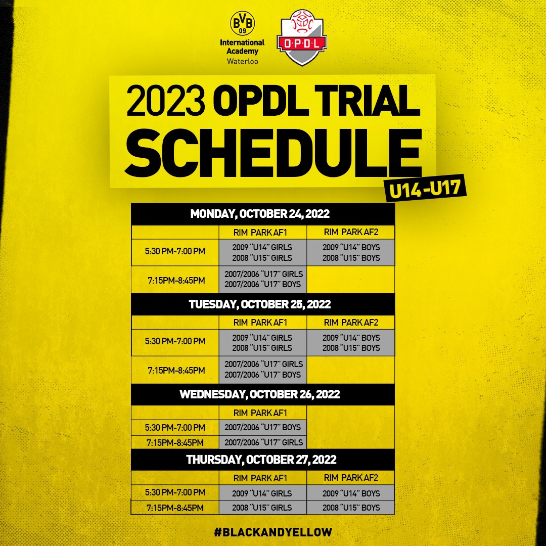 bvbiawaterloo's tweet photo. BVB IA Waterloo will be hosting phase 2 of its OPDL Trials starting on Mon, Oct 24th, 2022.
Register for our 2023 OPDL (U14-U17) Trials today! ⚫️🟡
Register today: https://t.co/X2SeIcGwgT 🔗
Come train with us the BVB Way!
#blackandyellow #bvb #bvbiawaterloo #bvbfamily https://t.co/XV4aUPzcXu