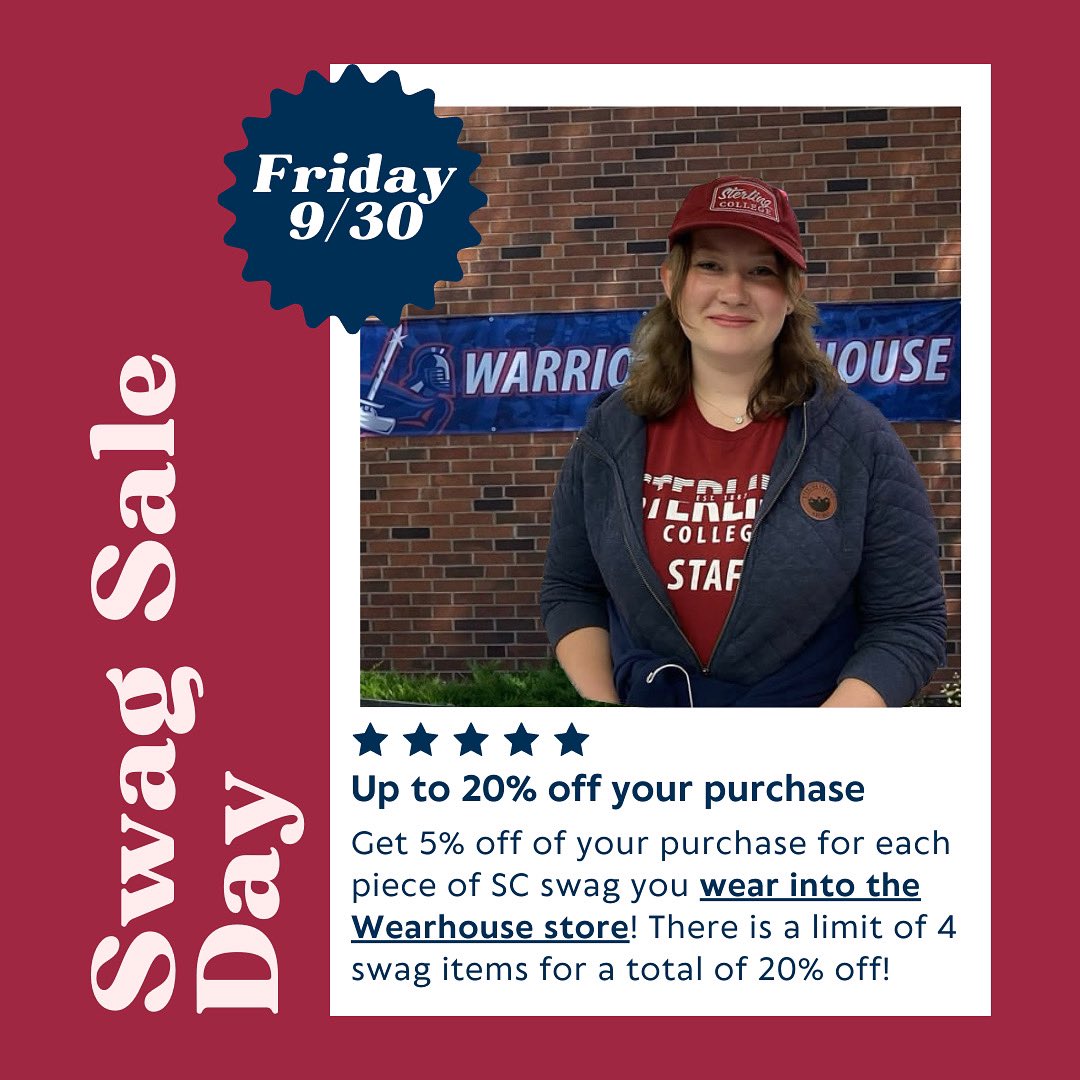 Friday 9/30 - Swag Sale Day!!! It’s that time of the month so come into the Warrior Wearhouse to get your 5% off per swag item you wear!! #swordsup