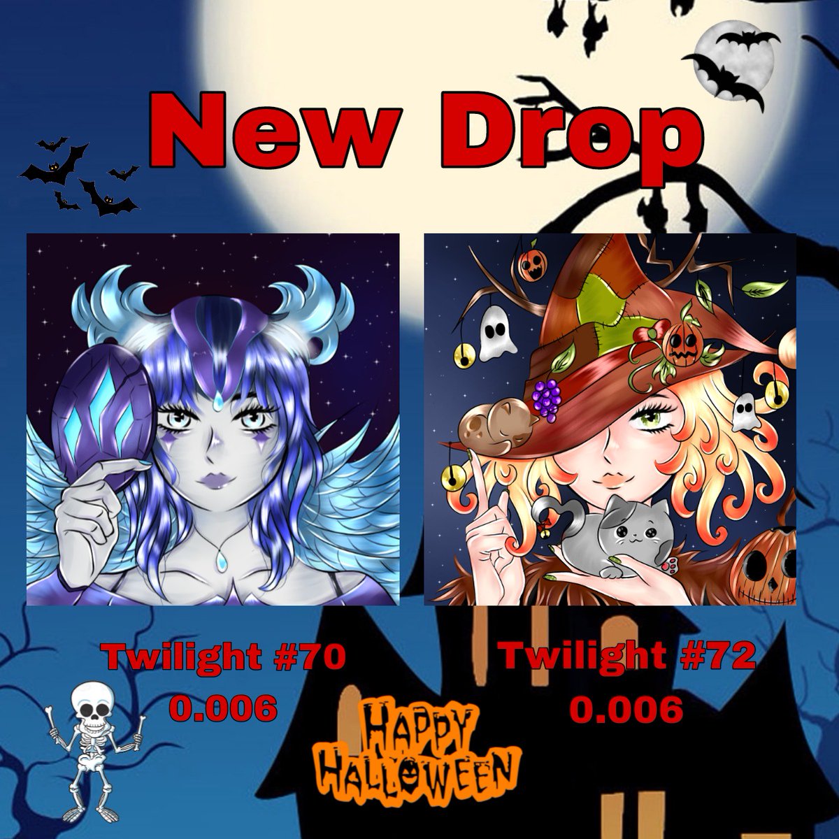 ♡ NEW DROP ♡ 🥰🔥 
I'm ready now for Halloween with Twilight and you too, be ready with us 😍🎉
. 
Twilight #71 and #72 already listed in my opensea  :  
opensea.io/collection/vio…  🙈💕
. 
Price :  0.006 ETH (polygon) 
. 
what is your favorite !! 😊💞 
. 
#NFT #NFTsales