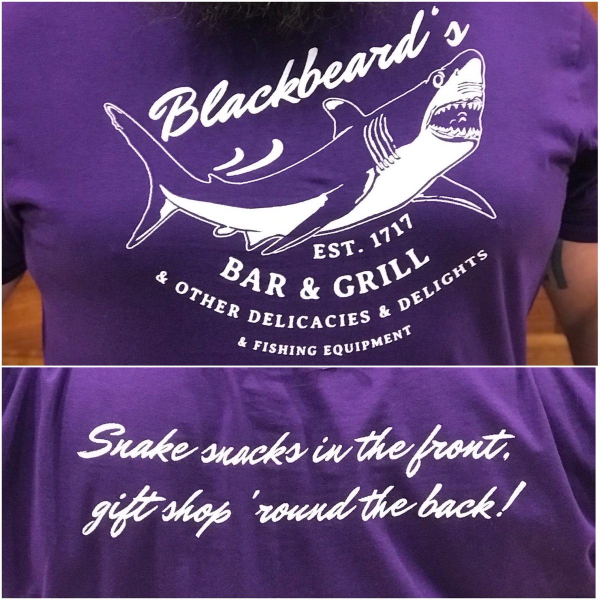 ArdaWigs's tweet photo. "Hope you enjoyed your meal, have you seen the gift shop?" 🏴‍☠️
Blackbeard's Bar &amp; Grill tees available now! 🐍
Shop now: https://t.co/lsX8ZQxOkm

#ardawigs #ourflagmeansdeath #snakesnacks https://t.co/ADbW3FCkXl