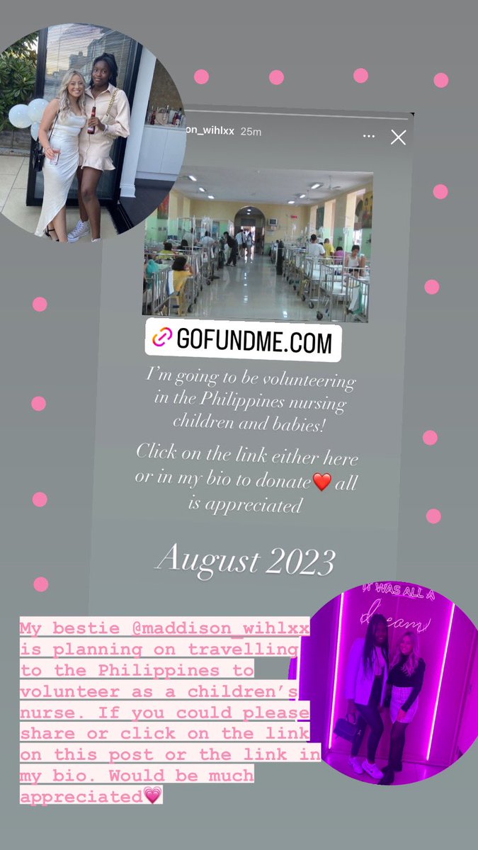 My bestie @maddisonwihlx will be volunteering in the Philippines as a children’s nurse through the work of the world organisation👩🏼‍⚕️ I’m so proud of her. If you could share or even donate it would be much appreciated💗💗 gofund.me/9acb2895