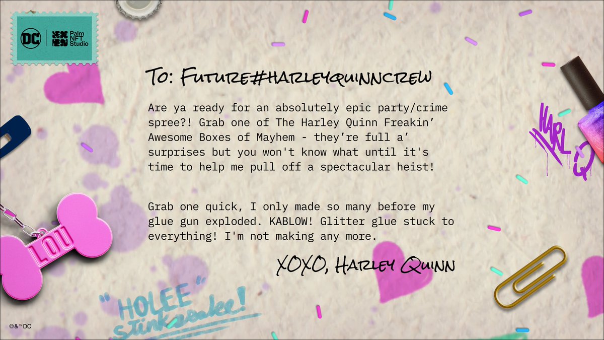 batcowls's tweet photo. Today's the day! Pick up your Harley Quinn Freakin' Awesome Box of Mayhem - your invite to Harley Quinn's upcoming party/crime spree at https://t.co/1ELrvwDPGg  #harleyquinncrew https://t.co/UE7kgWmKew