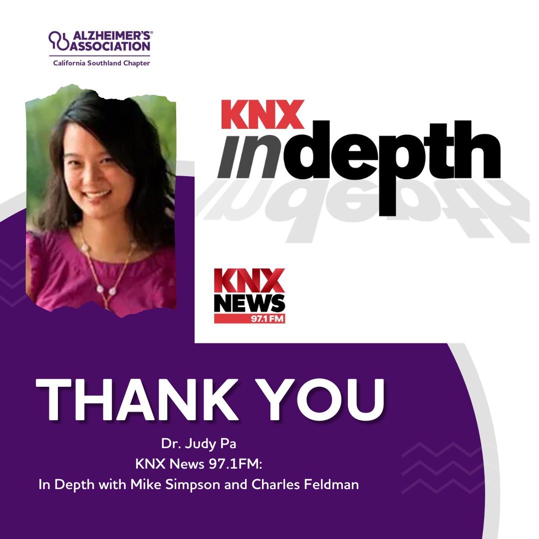 socALZ's tweet photo. This month, our spokesperson &amp; friend Dr. Judy Pa, has been featured on @knxnews #InDepth w/ #MikeSimpson &amp; #CharlesFeldman 2x - to discuss how multivitamins help brain health, &amp; the recent promising findings on Lecanemab. Listen: https://t.co/XykImzPJ9L &amp; https://t.co/MN68E62Ybz https://t.co/c8qdiWL5Ul