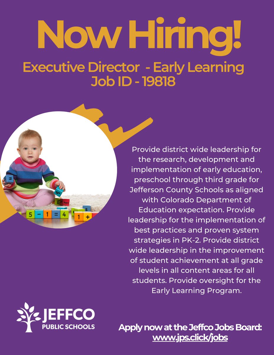 Interested in implementing early education (preschool through third grade)? What about providing district wide leadership in the improvement of student achievement at all grade levels? Apply now for our Executive Director - Early Learning!