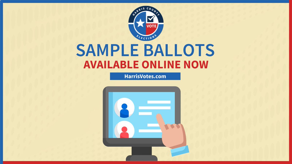 HarrisVotes's tweet photo. Sample Ballots are now available for the Nov. 8 Gubernatorial Election.
π Learn more at: https://t.co/D8Q3Bt6rGh
#SampleBallots #HarrisCounty #Election2022 #YourVoteYourVoice #HarrisVotes https://t.co/cLNfSvYGIR