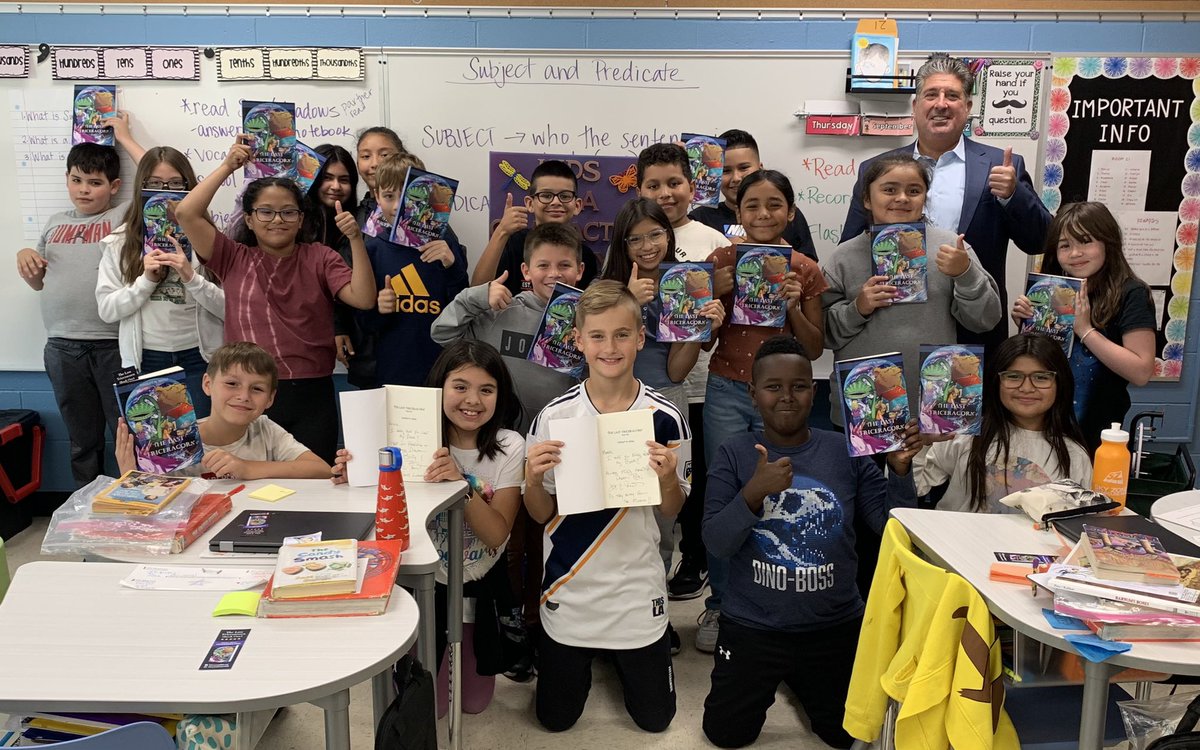 So lucky to have local author Vince Miceli come and talk to our class! We even had a student win the prize to be a character in his next book. ASD4 has the best alumni! Support Vince and buy his book at vmmbooks.com #FollowYourDreams  #TheLastTriceracorn