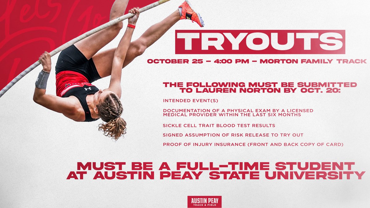 GovsXCTF's tweet photo. #LetsGoPeay track and field tryouts for the 2023 season are October 25. 

🔗: https://t.co/uGzw0AxTM3
📧: nortonl@apsu.edu

For more information, contact @APCoachBrown. 
📞: 931-221-7217
📧: brownv@apsu.edu https://t.co/WbTO9M3y6x
