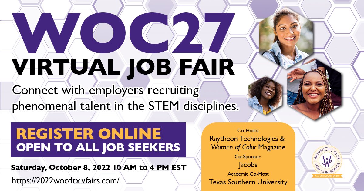 2022 #WomenOfColor #STEM Conference 10am-4pm ET on October 8th, 2022
Register: 2022wocdtx.vfairs.com

Connect with employers recruiting phenomenon talent in STEM disciplines.

#LSAMP #LSMRCE