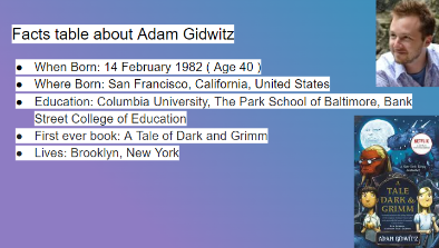 Room202021's tweet photo. @ChapterChatNZ. This is my Research about Adam Gidwitz. -Natasha- https://t.co/tBzcTtKwls