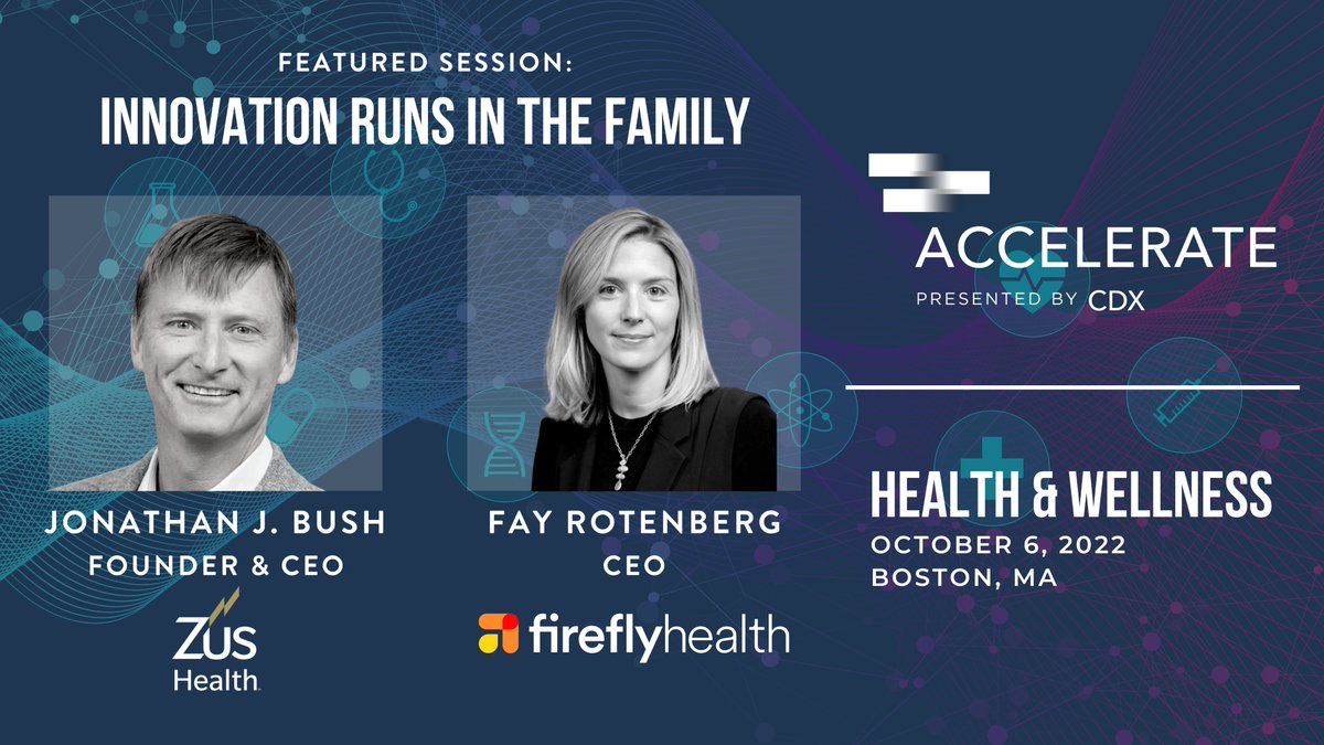 DX_Mag's tweet photo. We are excited to have @Jonathan_Bush of @ZusHealthHQ and @fyietc of @CareByFirefly join us at #CDXAccelerate: Health &amp; Wellness on Oct 6 in Boston, MA!

They will join us on stage to discuss how 'Innovation Runs in the Family.' Register here! https://t.co/IFyJupAlj7 https://t.co/a7TJVgwhHt