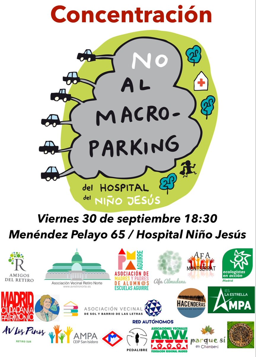 Como vecino del distrito de Retiro y afiliado de @iu_madrid / @IUMadridRetiro asistiré a la CONCENTRACIÓN el viernes 30 de septiembre contra el 
#MacroparkingNiñoJesus

Y tambien para denunciar la politica de 'movilidad' del concejal @bcarabante del ayuntamiento de Madrid.