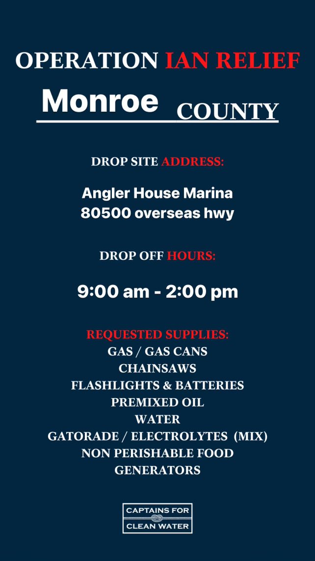 KeysGuides's tweet photo. Time to return the favor. FKFGA encourages you to bring supplies to Angler House Marina. Volunteers will bring them to areas most affected by #HurricaneIan https://t.co/jxfJUUcky6