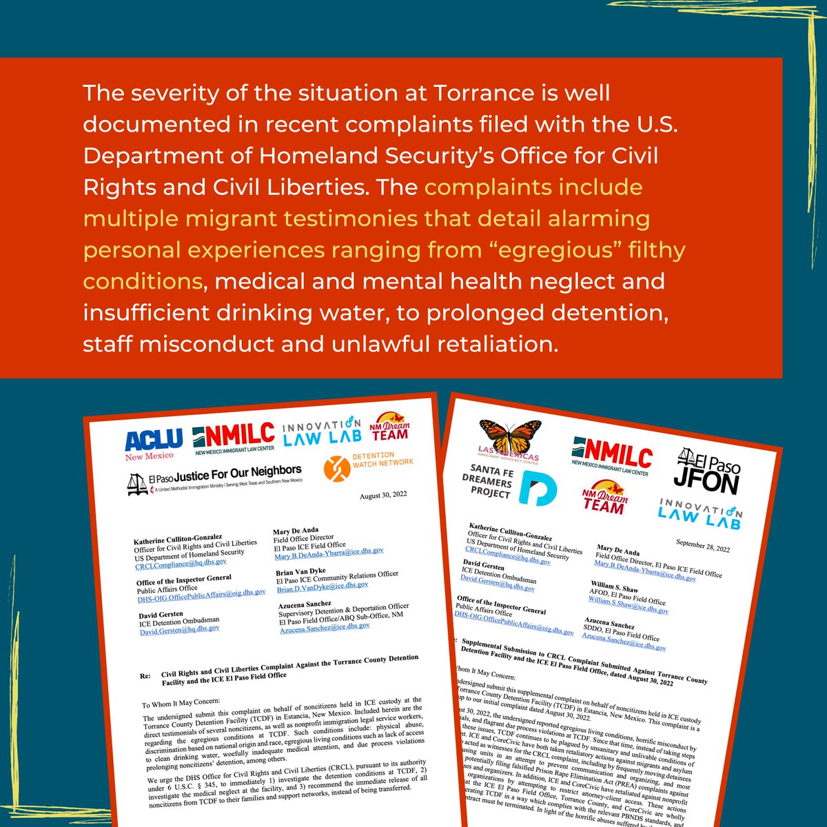 NMILC's tweet photo. The open letter was signed by over a dozen men at Torrance, and includes calls for ICE to stop violating their human rights and to cease the detention of immigrants and asylum seekers at Torrance. #ShutDownTorrance

Read Full Letter: https://t.co/s2oi40jiC7 https://t.co/ehFjr5ikzS