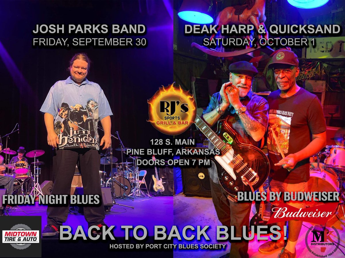 Don't miss two great back-to-back nights of blues in Pine Bluff this Friday and Saturday! Friday Night Blues with Josh Parks Band sponsored by Midtown Tire and Auto....and....Blues by Budweiser with Deak Harp and Quicksand sponsored by M K Distributors! #blues #deltablues