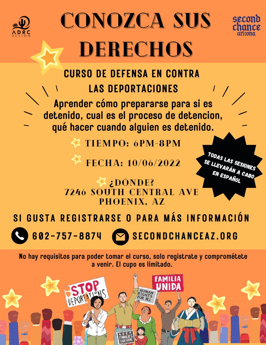 ArizonaResource's tweet image. ¿Quieres conocer tus derechos? Acompáñenos para un entrenamiento de “Conozca sus derechos” para saber qué hacer cuando alguien es detenido. El espacio es limitado, así que regístrese llamado al (602)757-884!