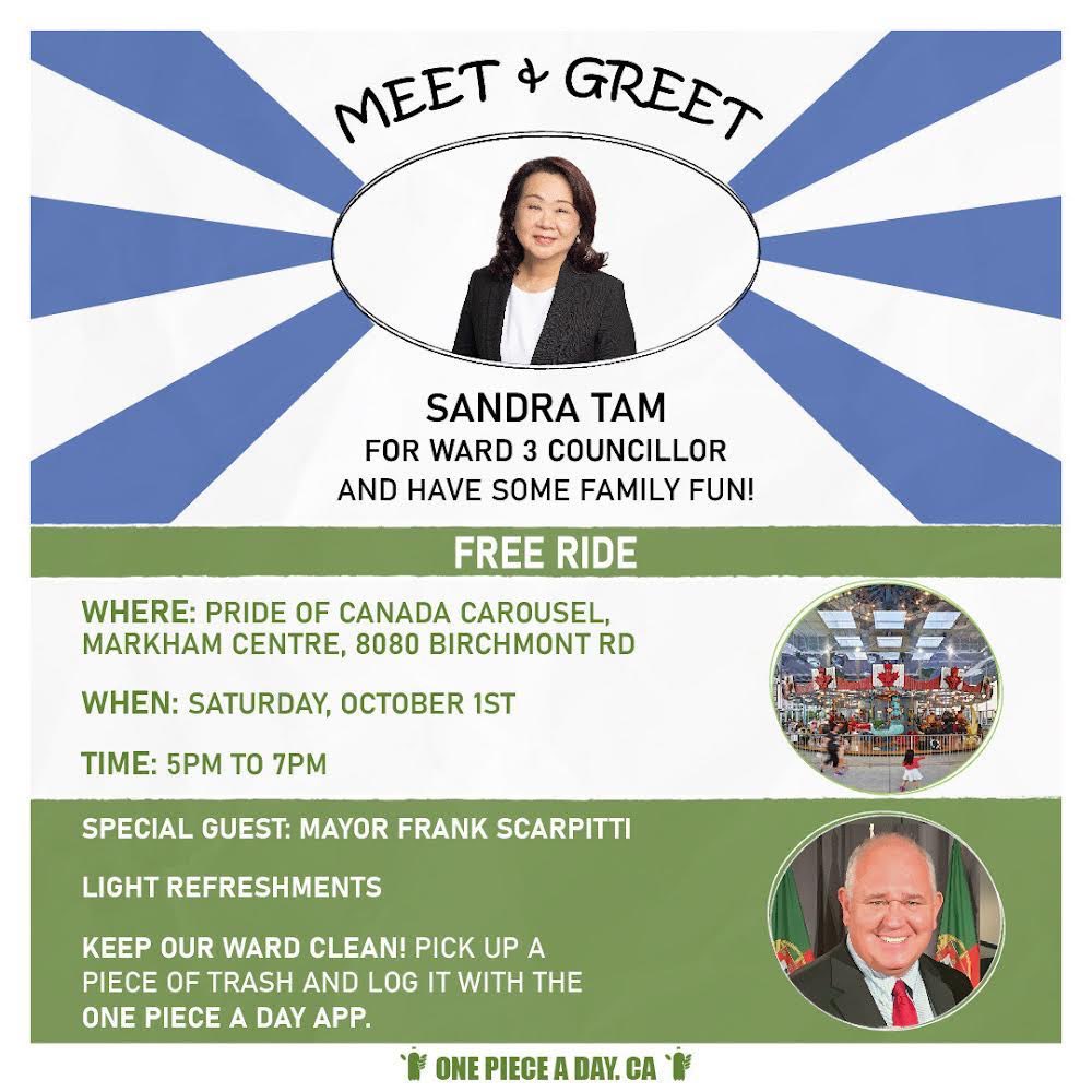 SandraTamMT's tweet photo. I’ll be hosting a meet and greet this Saturday, Oct 1 at the Pride of Canada Carousel from 5-7pm! Bring your friends and family and come say hello - looking forward to meeting you all!
#Markham #Unionville #MarkhamWard3 #MunicipalElection #MunicipalElection2022 https://t.co/VxMIIn7GyU