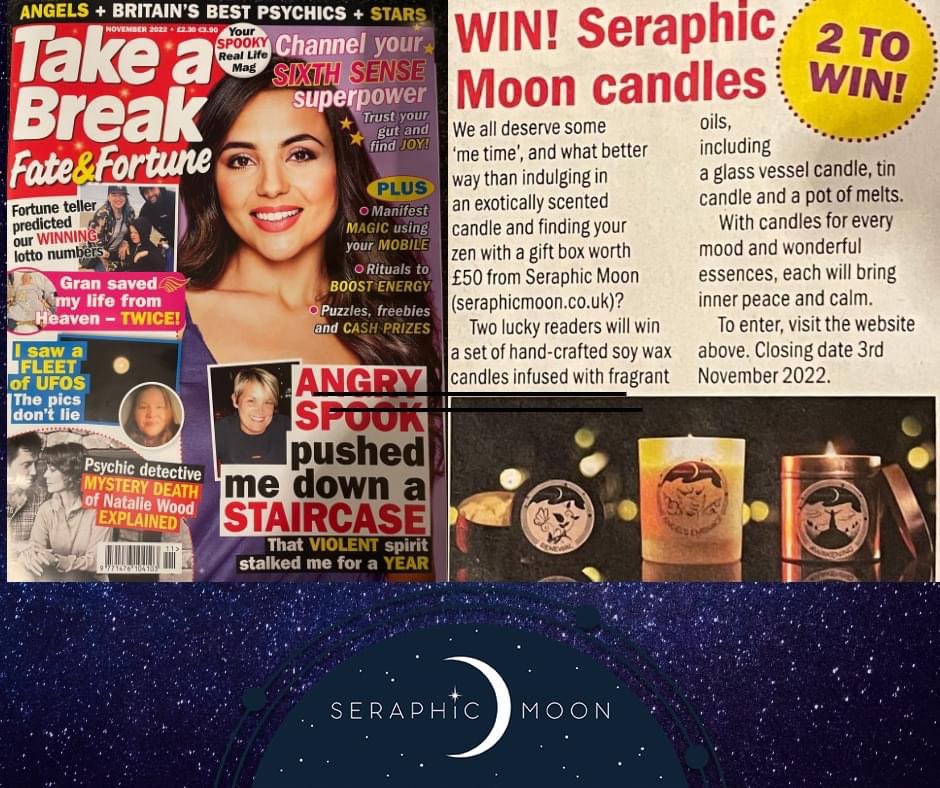 Wow, how excited are we to be in the November Edition of Take a Break Fate &amp; Fortune magazine ✨⭐️.

Try your luck 🍀 in entering their competition and you could win  a gift box of Seraphic Moon goodies worth £50.00! 😍.

#wearefamous #takeabreak #GoodLuck #Competition