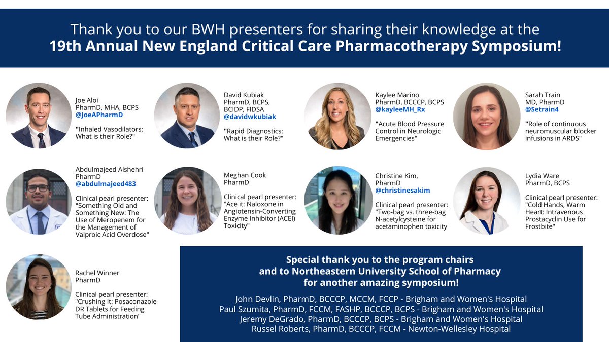 BrighamPharmacy's tweet photo. Thank you to @devlinpharmd, @PaulSzumita, @jeremydegrado, @RusselJRoberts, & @NortheasternSOP for a great #NECCS! Shout out to all our amazing @BrighamWomens presenters! (@JoeAPharmD @davidwkubiak @KayleeMH_Rx @Setrain4 @abdulmajeed483 @christinesakim) #TwitteRx #PharmRes https://t.co/ZJWreyatRM