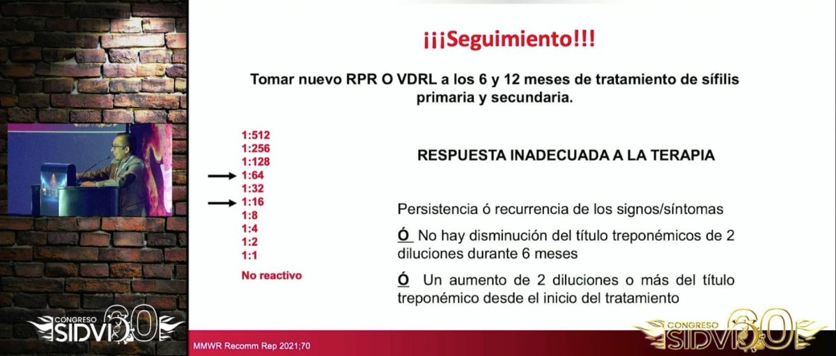 sidvimx's tweet photo. Congreso SIDVI 6.0 @dredgarbarragan, recalca la importancia del seguimiento de #sífilis después del tratamiento, se considera una respuesta adecuada a la terapia cuando se observa una disminución de dos diluciones en RPR/VDRL. #sidvi6 https://t.co/EX4jY0eSUm