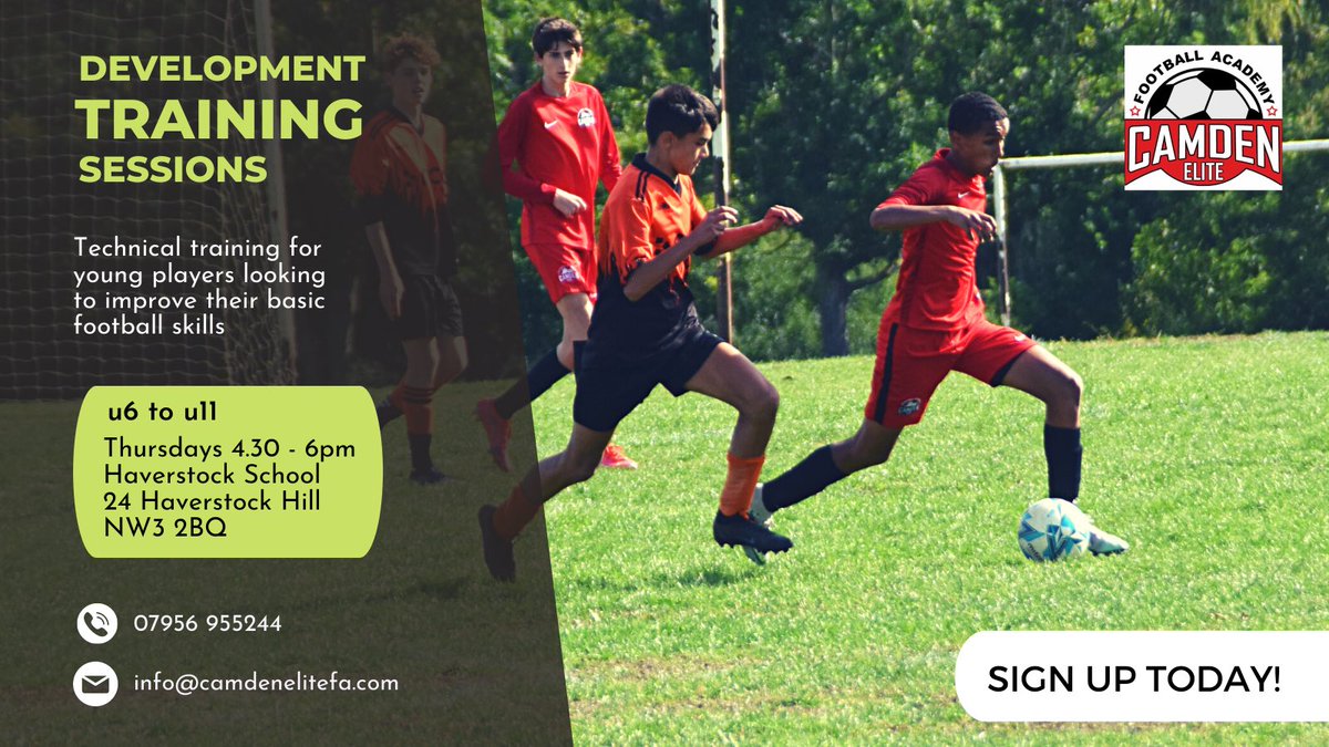 Sign up for our new development training sessions, especially designed for categories u6 to u11. Thursdays 4.30-6pm at Haverstock School. If you want to improve your basic football skills, then reserve your spot on the contact details below.
#grassrootsfootball #football