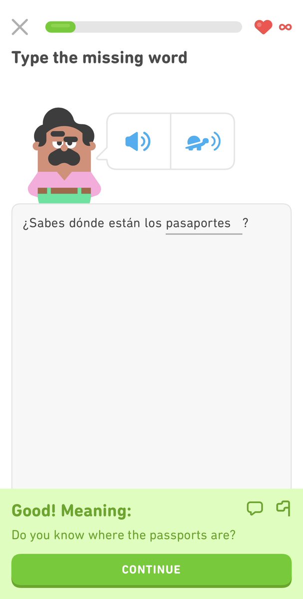 rRetro87's tweet photo. I should be flying to Spain in 10 hours but my passport still hasn’t arrived after 6 months and Duolingo is seriously rubbing it in. #passportuk #missingpassport #passportdelay https://t.co/kluRIqx7qc