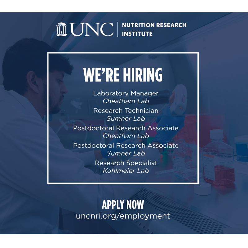 UNC_NRI's tweet photo. Work for a world class institution! Visit https://t.co/nEJYMxogLj to apply and learn more.

#hiring #nowhiring #jobopportunities #STEMjob #researchjob #labwork #postdoc #nutritionjob #eatuniquely #jobopening #employment https://t.co/C7Tp4PfGyf