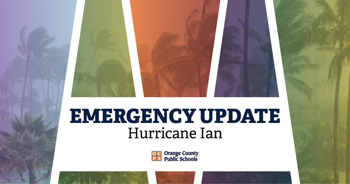 OCPSnews's tweet photo. We hope everyone is safe after Hurricane Ian. First thing tomorrow morning, district officials will begin assessing all OCPS schools and facilities for damage. The goal is to open all schools and work locations Monday, October 3. We will provide an update in the next 24 hours. https://t.co/PZ9MAiVgZV