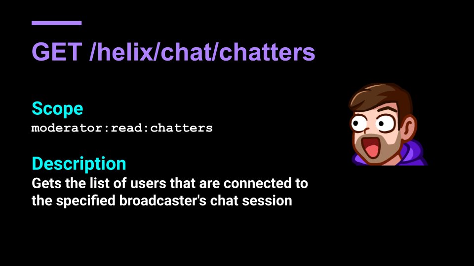 A long-awaiting Twitch API endpoint has arrived in open beta. 🚀 The new 'Get Chatters' endpoint is available starting today. discuss.dev.twitch.tv/t/new-chatters…