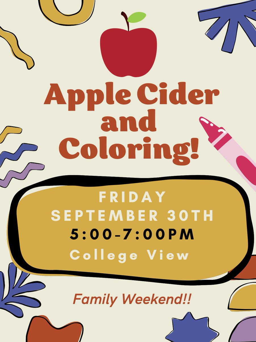 Gustie_ResLife's tweet photo. Arbor View, College View, and Chapel View - stop by College View tonight at 5pm for Apple Cider and Coloring; part of our Sibling Slumber Party programming on Friday, September 30 for Family weekend! https://t.co/da2k8azmzY