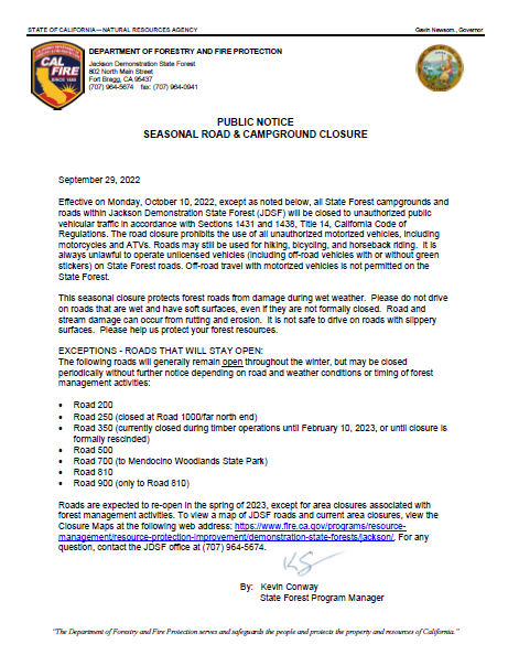 CALFIRE_MEU's tweet photo. #CALFIREJDSF Seasonal road closure protects forest roads from damage during wet weather. Road and stream damage can occur from rutting and erosion. Please help us protect your forest resources. Closure Maps: https://t.co/eWlsHHTRwp. #workingforest #JDSF https://t.co/HHOroJUWGV