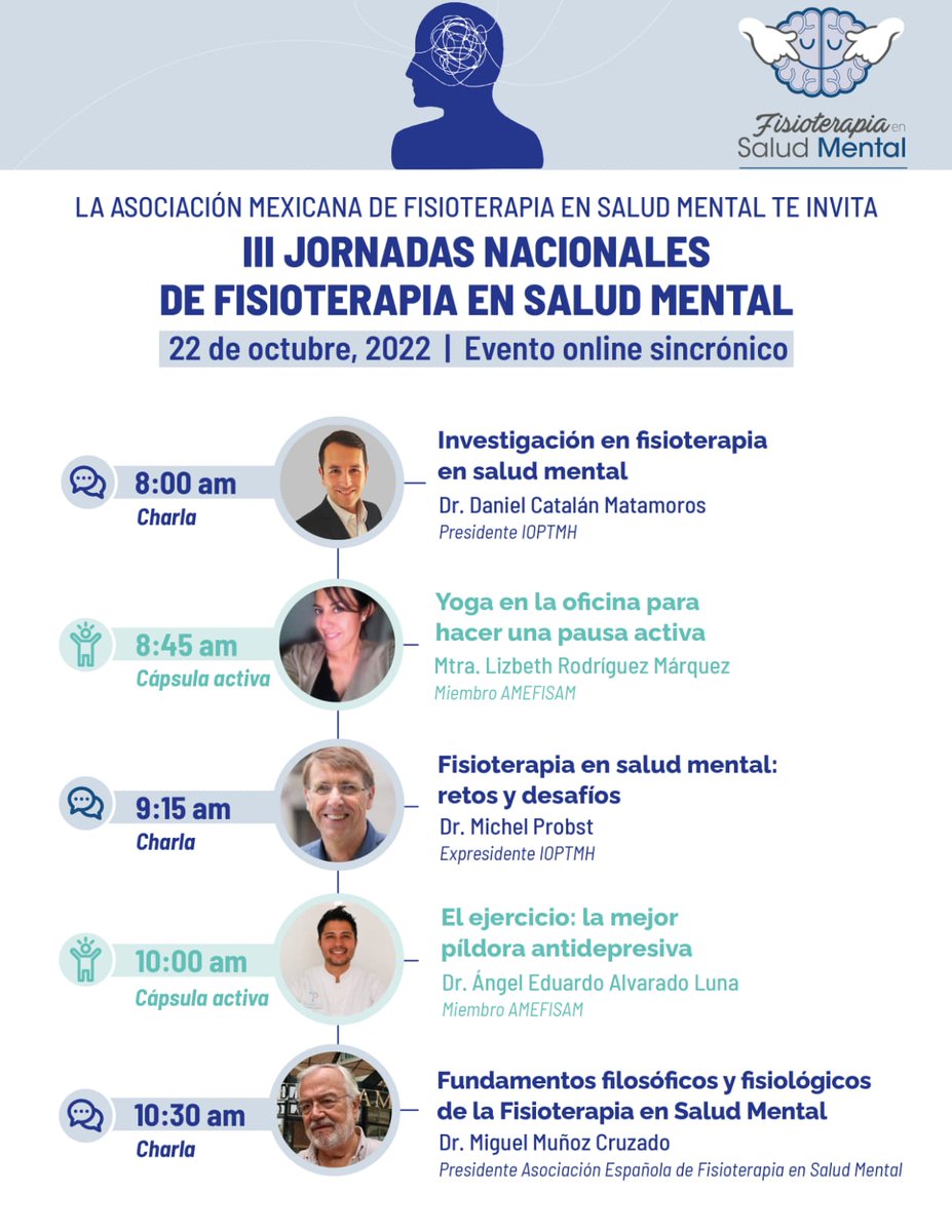AEFSM_info's tweet photo. Nos envían el cartel de las III Jornadas online de Fisioterapia en Salud Mental de México. Nuestro presidente @Mimucruba participará como ponente. Programa completo e inscripciones aquí 👇👇👇 https://t.co/iIdG2Jzg82