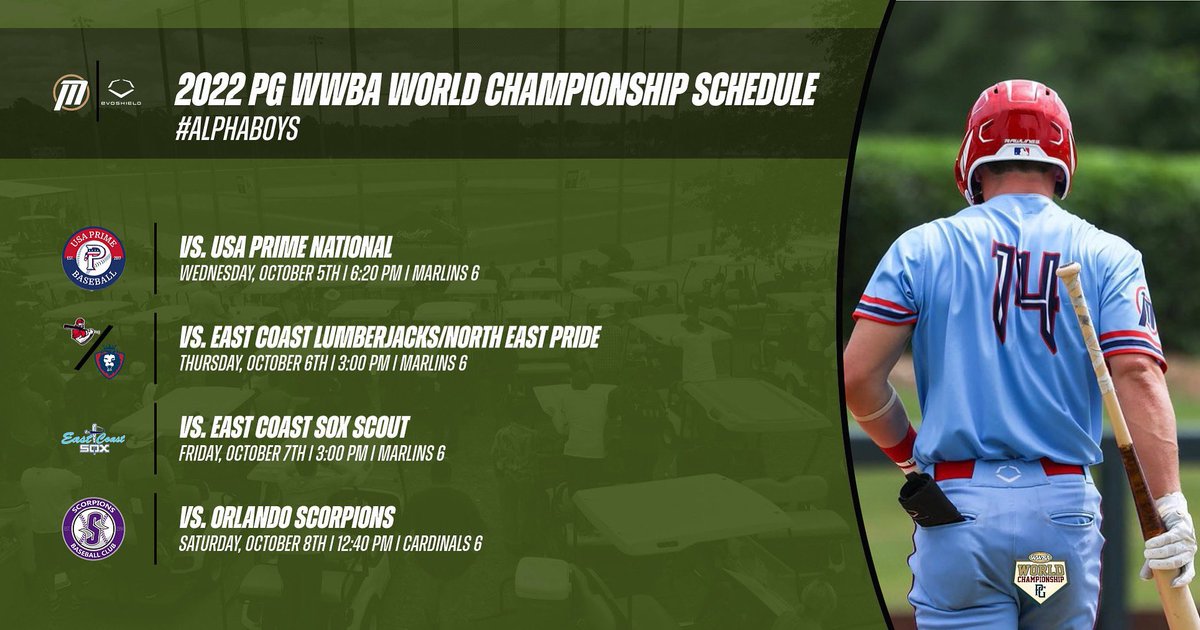 Alpha Baseball (@alpha_bsb) on Twitter photo 🚨 WWBA World Championship Schedule 🚨 <a href="/PG_Tourney/">Perfect Game Tournaments</a> <a href="/PerfectGameUSA/">Perfect Game USA</a>
#AlphaBoys | #BeAlpha 🚨 WWBA World Championship Schedule 🚨 <a href="/PG_Tourney/">Perfect Game Tournaments</a> <a href="/PerfectGameUSA/">Perfect Game USA</a>
#AlphaBoys | #BeAlpha