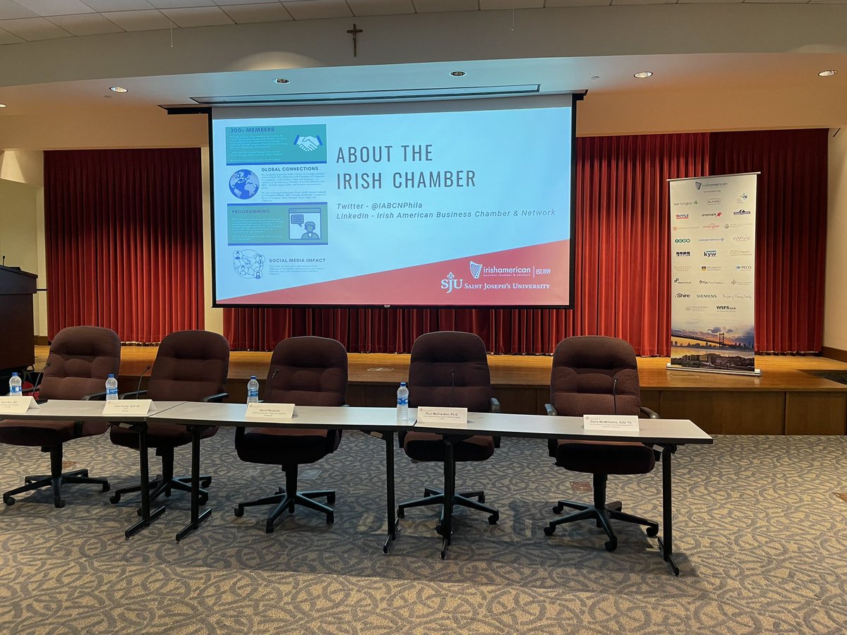 IABCNPhila's tweet photo. We are set & ready for our panel discussion at @saintjosephs! We are proud to co-host w/@IrishStudiesSJU.
Looking forward to a dynamic discussion w/ #IrishChamberMembers @Aramark @AlmacGroup @ICONplc @LittusUS @imvax_inc
#IrishPhiladelphia #GlobalIrish #Nasc #THWND https://t.co/KUsDypue7j