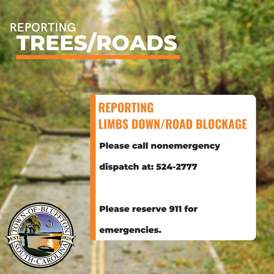 BlufftonPolice's tweet photo. If you have limbs down or you're reporting road blockage or a fallen tree... Please call nonemergency dispatch at 524-2777 please reserve 911 for emergencies. https://t.co/3n3szmKPmt