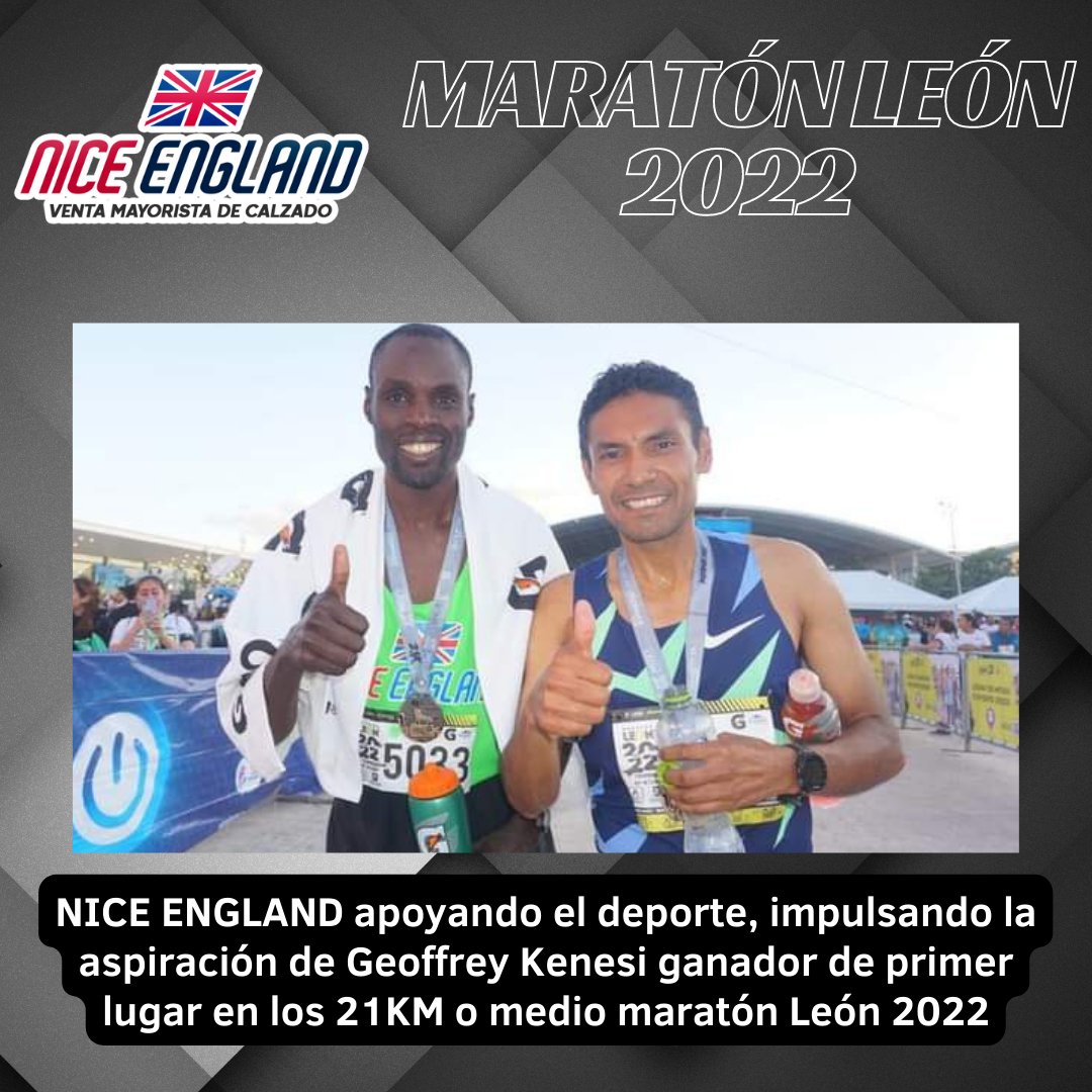 england_nice's tweet photo. NICE ENGLAND patrocinador del ganador Geoffrey Kenesi de primer lugar en los 21Km o medio maratón,, poniendo en alto el reconociendo de la empresa de calzado NICE ENGLAND y destacando en su esfuerzo entre cientos de personas. 
 #niceengland #maratonleon2022 #maratónleón2022 🤩 https://t.co/jMgTWNjzGn