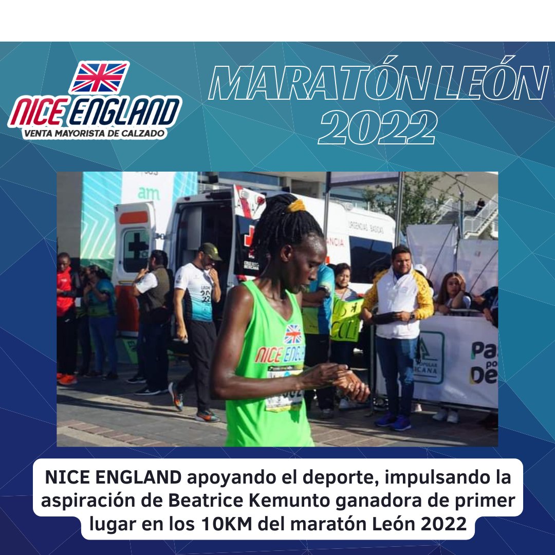 england_nice's tweet photo. NICE ENGLAND patrocinador de la ganadora Beatrice Kemunto de primer lugar en los 10KM en el maratón León 2022, poniendo en alto el reconociendo de la empresa de calzado NICE ENGLAND y destacando en su esfuerzo entre cientos de personas. 
 #niceengland #maratonleon2022 https://t.co/4PRsbGiizu
