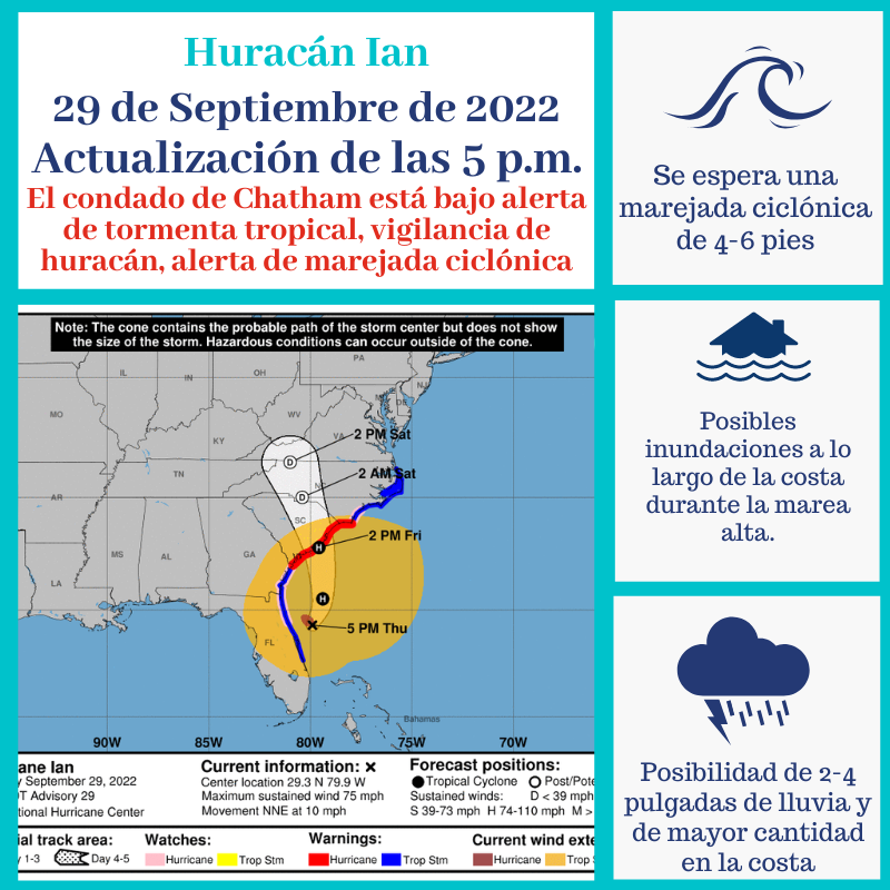 ChathamEMA's tweet photo. Ian has re-strengthened into a Category 1 Hurricane, but track has shifted farther east. Chatham remains under a Hurricane and Flood Watch, TS and Storm Surge Warning. Potential impacts are gusty winds, 2-4” of rain, storm surge 4-6 feet, and coastal flooding. #HurricaneIan https://t.co/14FiHiCIzf