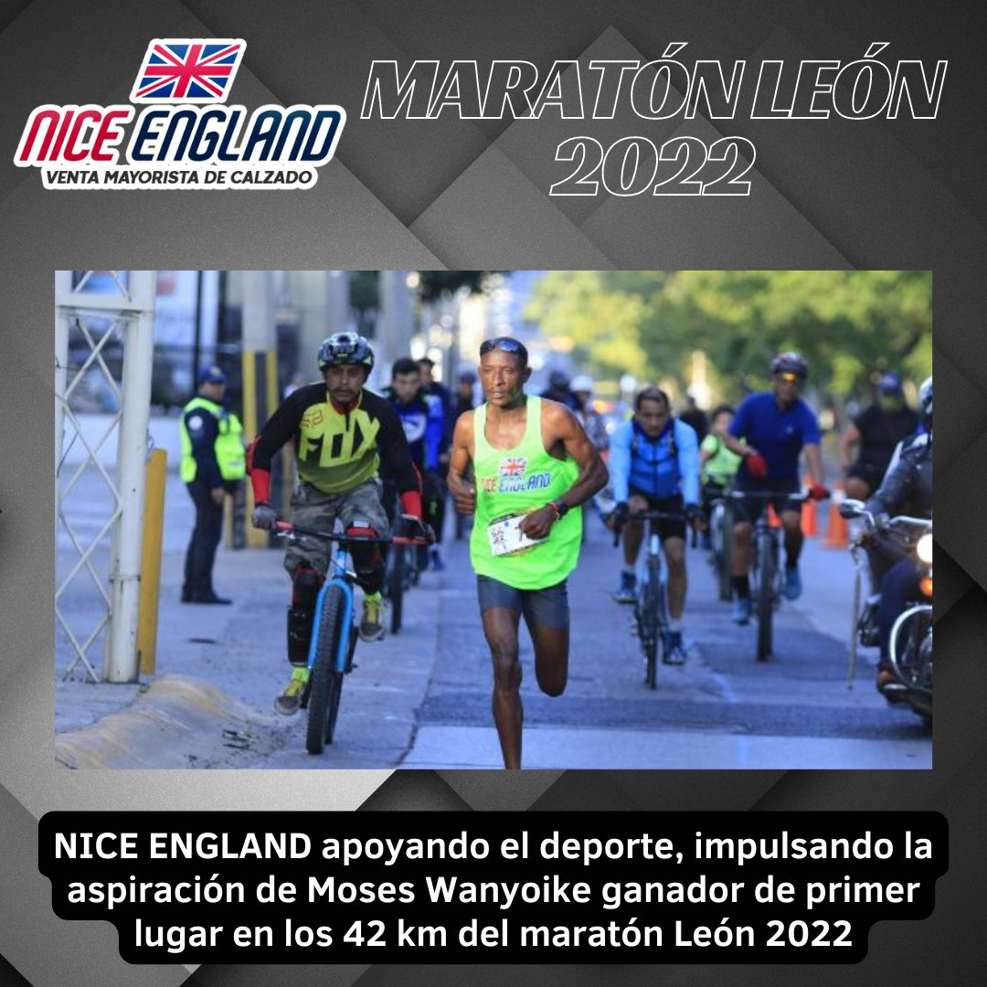 england_nice's tweet photo. NICE ENGLAND patrocinador del ganador Moses Wanyoike de primer lugar en los 42KM en el maratón León 2022, poniendo en alto el reconociendo de la empresa de calzado NICE ENGLAND y destacando en su esfuerzo entre cientos de personas. 
#NiceEngland #niceengland #maratonleon2022 https://t.co/HK8sGILI7I