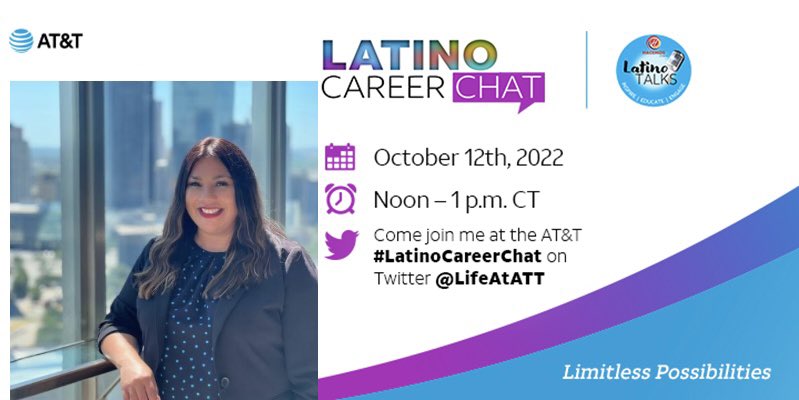 Cynthia Gomez (@cynthiagofglm) on Twitter photo The <a href="/HACEMOSatATT/">HACEMOS ERG</a> #LatinoCareerChat is two weeks away!
Celebrate #HispanicHeritageMonth with us and join our discussion about limitless possibilities on 10/12 at Noon CST.
#LifeAtATT The <a href="/HACEMOSatATT/">HACEMOS ERG</a> #LatinoCareerChat is two weeks away!
Celebrate #HispanicHeritageMonth with us and join our discussion about limitless possibilities on 10/12 at Noon CST.
#LifeAtATT