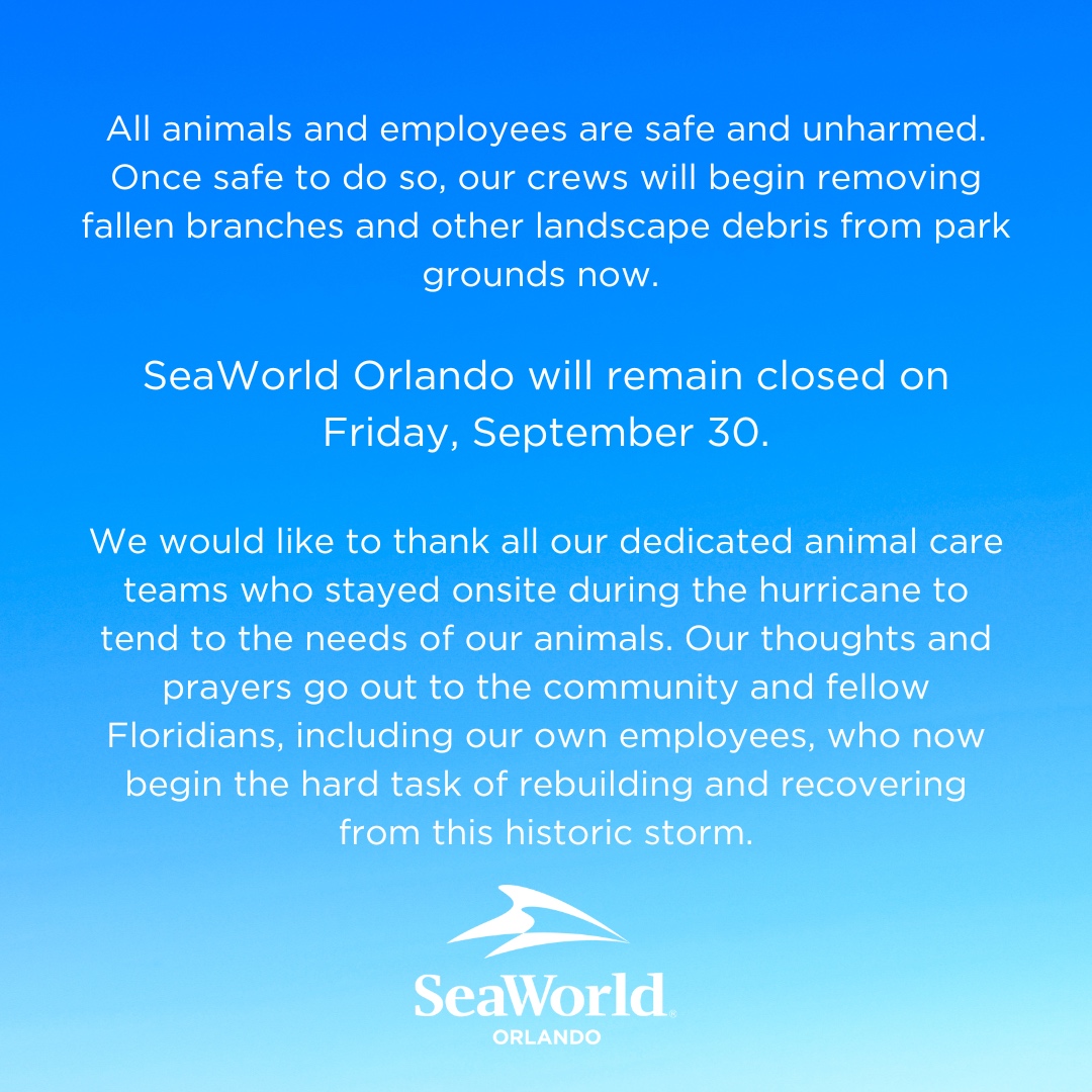 Due to Hurricane Ian, SeaWorld Orlando will remain closed on Friday, September 30. All date-intended tickets for September 28, 29 and 30 have been extended through December 31, 2022. Please continue to check our website and social channels for updates.