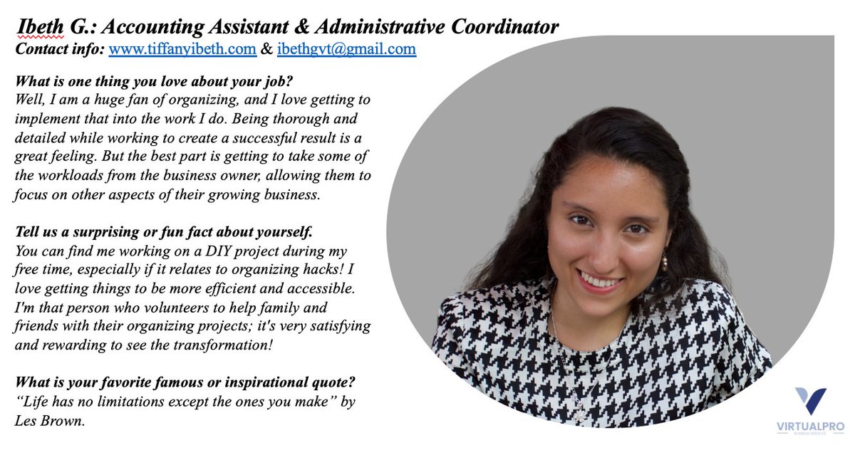 VirtualProBusy1's tweet image. Today we&apos;re highlighting VirtualPro&apos;s irreplaceable, fantastic accounting assistant.  If your business is in need of help with your accounting needs, we highly recommend her.  She can be contacted at either of the email addresses shown below.
