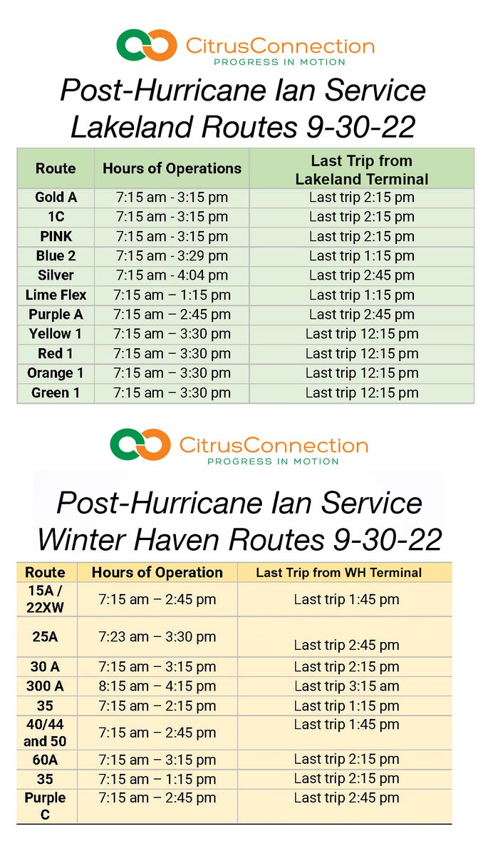 RideCitrus's tweet photo. As a result of the Hurricane Ian recovery efforts, effective Friday Sept. 30, regular fixed route service will resume on a limited schedule starting later and ending earlier in the day. Please see the amended schedule below. https://t.co/4R9HD9PNBe