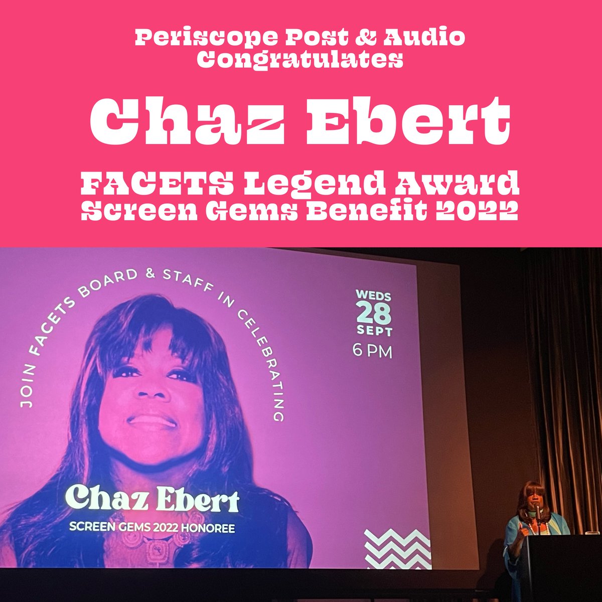 PeriscopePA's tweet photo. Excited to witness Chaz Ebert be honored for her efforts to drive inclusion by providing grants to support films with strong social justice themes. Chaz has received the FACETS Legend Award at the Screen Gems Benefit 2022! #periscopepa #chazebert #facets #screengems #Chicago https://t.co/7iF2OVzeaj
