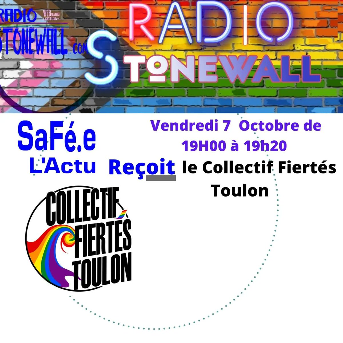 Le Collectif Fiertés Toulon <a href="/FiertesToulon/">Collectif Fiertés Toulon</a> sera l'invité de l'émission SaFé.e l'actu de la webradio Réseau Enfants Stonewall vendredi 7 octobre.
Nous reviendrons sur la Marche des fiertés Toulonnaise
#lgbtqiaplus #toulon
#liberterdaimer