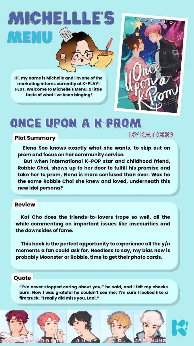 get a taste of this 📚book review📚! 

looking for Moonster and Robbie photocards… y’all got any? 👀👀👀

@KatCho #OnceUponAKProm
