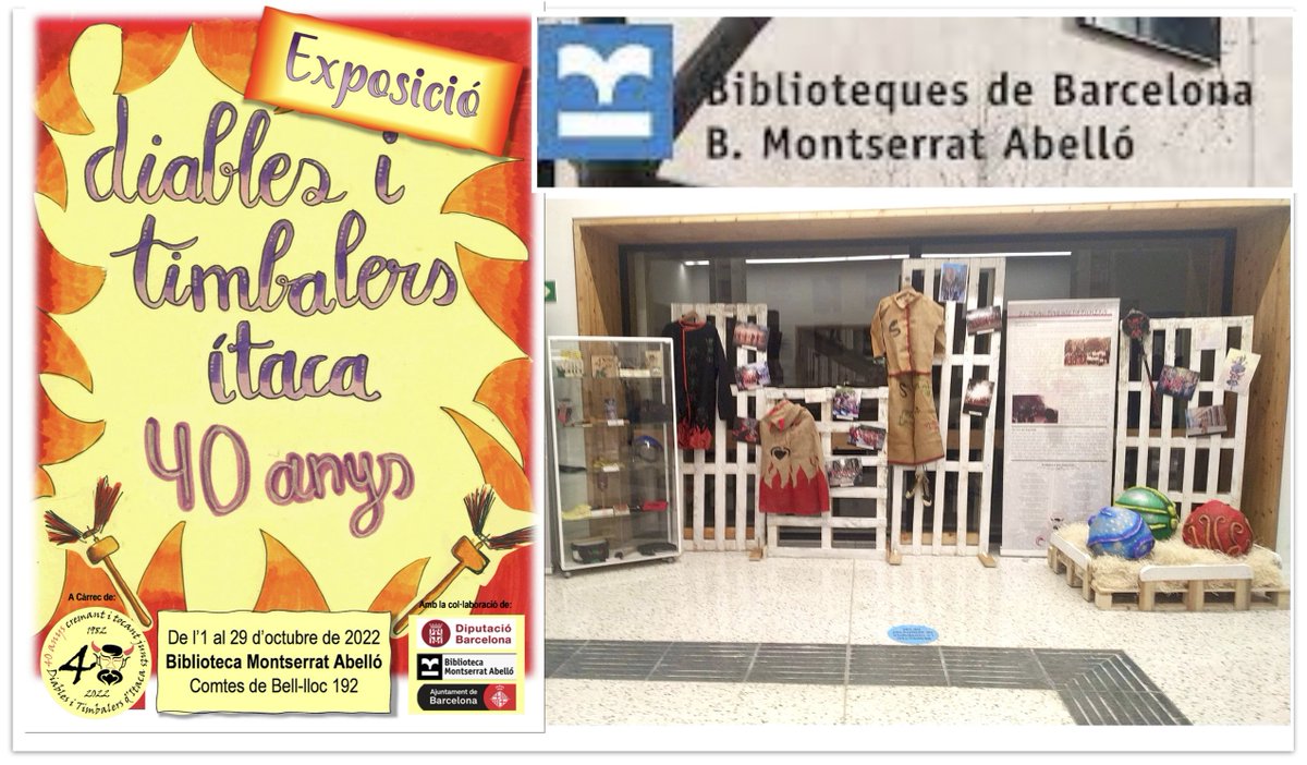 A la Biblioteca Montserrat Abelló a les Corts ja podeu visitar l'exposició d'objectes i fotografies de la Colla de Diables i Timbalers d'Itaca que recullen 40 intensos anys d'història compartint la cultura del nostre País pels seus carrers.
No us la perdeu de l'1-29 d'octubre