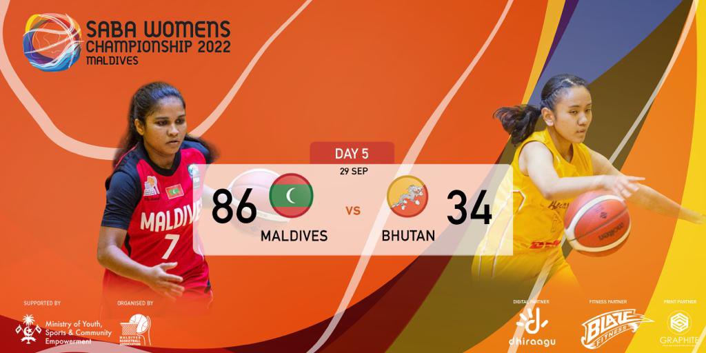 mba_maldives's tweet photo. SABA Womens Championship 2022 - Match 6

Full Time! 
🇲🇻 Maldives 86 - 34 Bhutan 🇧🇹

Supported by : @moyscemv
Digital Partner : @dhiraagu
Fitness Partner : @blazefitnessmv
Print Partner : @graphitemv 

#SABA2022 #MDVvsBHU #TeamMaldives  #Basketball #MBA #Maldives https://t.co/MwaQeIX2IS