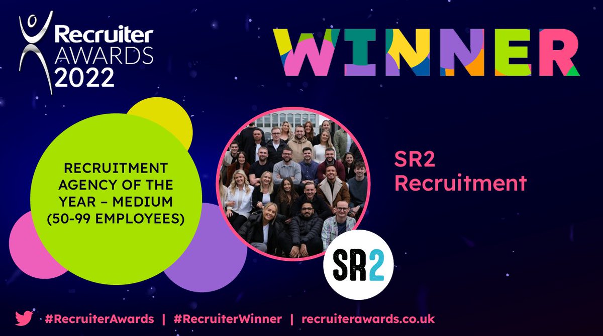 RecruiterAwards's tweet photo. Well done to the #RecruiterWinner for Recruitment Agency of the Year – Medium (50-99 employees) SR2 Recruitment! @SR2RECLTD #RecruiterAwards https://t.co/qabPqfWlqa